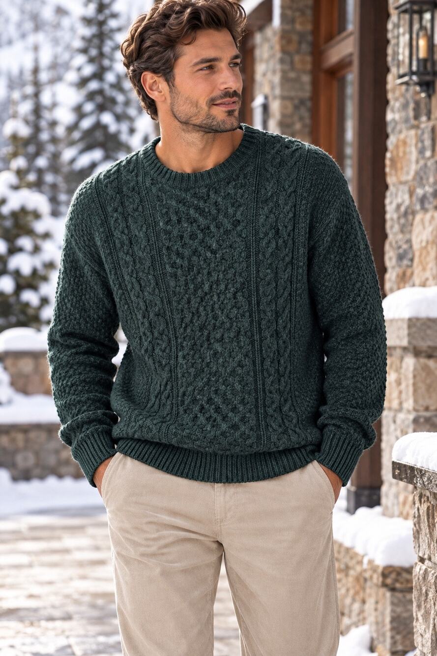 Piombo | Men’s Green Cable-Knit Crew-Neck Sweater